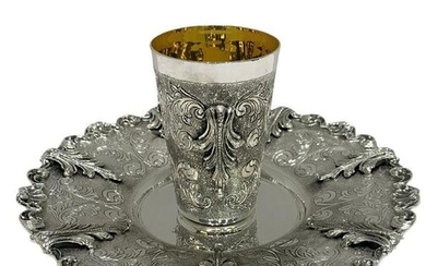 925 STERLING SILVER & GILDED HANDMADE LEAF APPLIQUE CHASED ORNATE CUP & TRAY