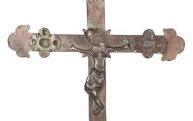 Large embossed copper processional crucifix with gilt