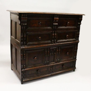 A 17TH CENTURY OAK FOUR DRAWER CHEST with plain three