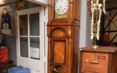 A 19TH CENTURY FRENCH EMPIRE WALNUT AND ELM GRANDFATHER CLOCK ( key in office)