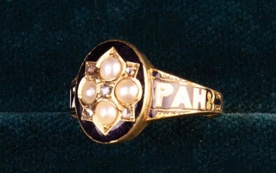 A 19th Century 15 Carat Gold & Enamel Memorial Ring. The central oval black enamel mount set with fo