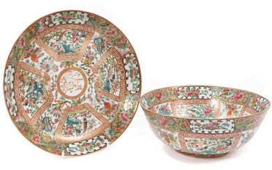 A 19th century Chinese Canton famille rose porcelain bowl and dish for the Arabic market, the centre of each piece with a roundel containing Arabic script