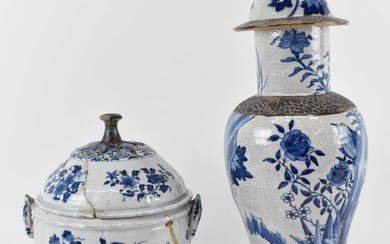 A 19th century Chinese blue and white lidded vase (af),...