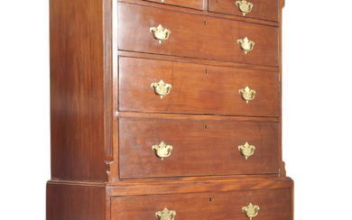 A 19th century George III mahogany chest on chest of drawers tallboy. Raised on bracket feet with a series of long drawers to the base section. Above, a further section of drawers comprising short and long drawers. Brass swan neck handles to each...