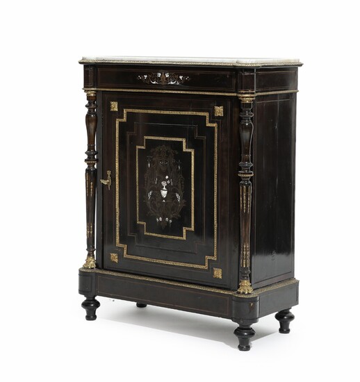NOT SOLD. A 19th century ebonized Napoleon III cabinet, richly inlaid with brass, ivory and...