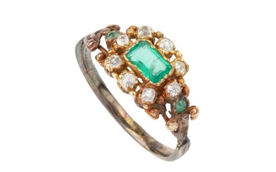 A 19th century emerald and diamond ring, the rectangular step...
