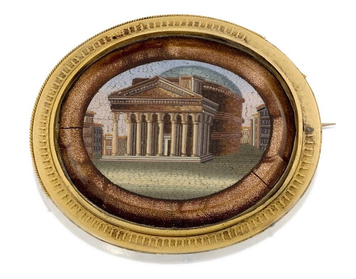 A 19th century gold mounted Italian mosaic brooch, the oval mosaic depicting the Pantheon, Rome, within aventurine glass border, mounted in gold brooch frame with Etruscan style border, with glazed locket back, c. 1880, approx. width 5.3cm