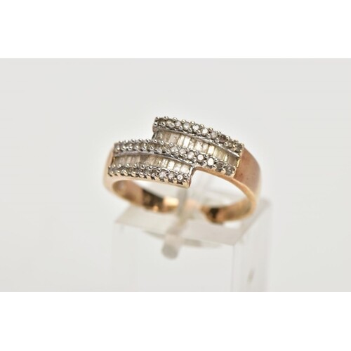 A 9CT GOLD DIAMOND DRESS RING, of a crossover design set wit...