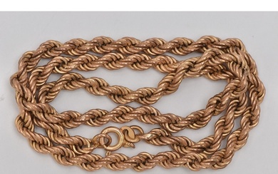 A 9CT GOLD ROPE TWIST CHAIN NECKLACE, with spring release cl...