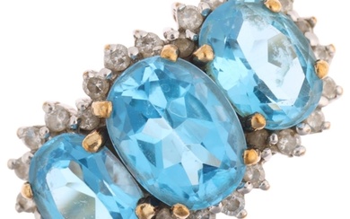 A 9ct gold blue topaz and diamond triple cluster ring, Birmi...