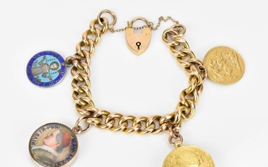 A 9ct yellow gold curb link charm bracelet, mounted with a V...