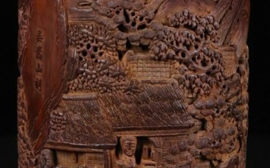 A BAMBOO BRUSH POT CARVED WITH FIGURE STORY