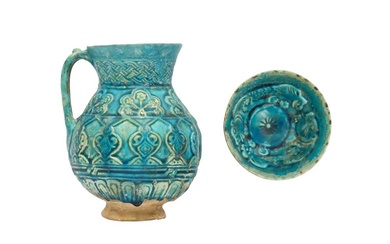 A BAMIYAN MOULDED AND TURQUOISE-GLAZED POTTERY JUG AND A SMALL BOWL Possibly Afghanistan, Eastern Iranian world, 12th - 13th century