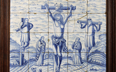 A BLUE AND WHITE DELFT TILE PANEL DEPICTING THE CRUCIFIXION, SECOND HALF 18TH CENTURY