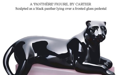 A CARTIER PANTHERE NOIRE FIGURINE ON FROSTED CRYSTAL BASE IN BOX