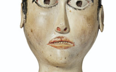 A CARVED WOOD AND POLYCHROME PAINT-DECORATED HEAD OF A WOMAN, AMERICAN, 19TH CENTURY