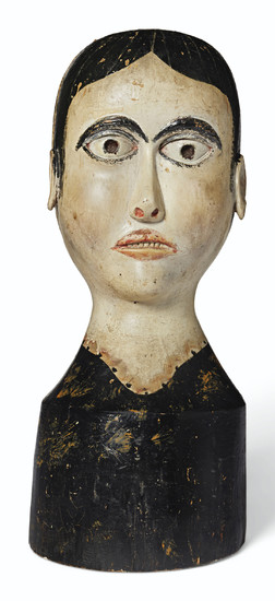 A CARVED WOOD AND POLYCHROME PAINT-DECORATED HEAD OF A WOMAN, AMERICAN, 19TH CENTURY