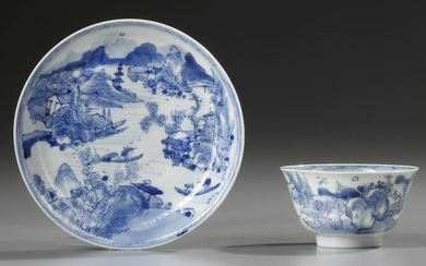 A CHINESE BLUE AND WHITE 'MASTER OF THE ROCKS' CUP AND