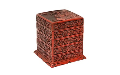 A CHINESE CINNABAR LACQUER TIERED BOX AND COVER 明 剔紅士大夫圖紋四層蓋盒