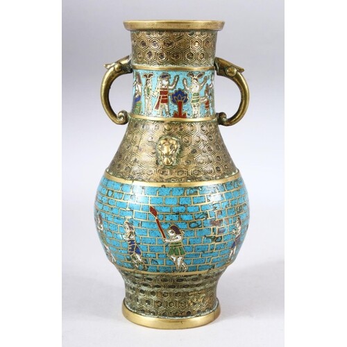 A CHINESE EXPORT CLOISONNE TWIN HANDLE VASE, the body with b...