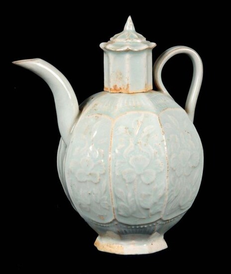 A CHINESE QINGBAI OCTAGONAL SHAPED CELADON GLAZED EARTHENWARE TEAPOT decorated...