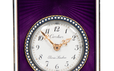 A Cartier Belle Epoque Mignonette Guilloché Enamel on Gilt Metal Sunburst Minute Repeater Clock (circa 1910)