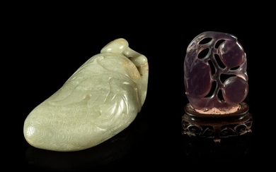 A Celadon Jade 'Lychee' Carving and An Amethyst 'Fruit'