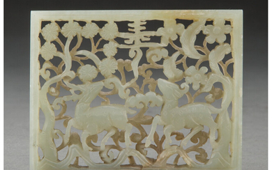 A Chinese Celadon Jade Deer Plaque