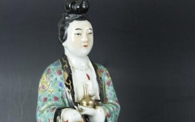 A Chinese Guanyin Porcelain Figurine Signed ZhuYonJi