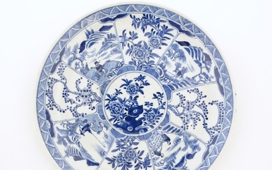 A Chinese blue and white plate decorated with central taihu ...