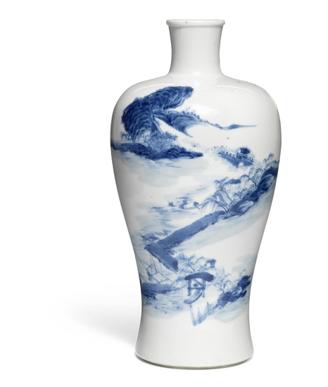 A Chinese blue and white vase, meiping, painted with continous river landscape....