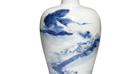 A Chinese blue and white vase, meiping, painted with continous river landscape....