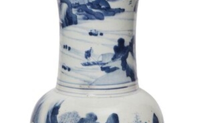 A Chinese porcelain 'phoenix-tail' vase, 18th century, painted in underglaze blue with scholars in a mountainous river landscape, similar decoration to the neck, 44cm high
