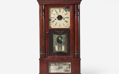 A Classical mahogany mantel clock with Andrew Jackson eglomise panel, bears printed paper label of