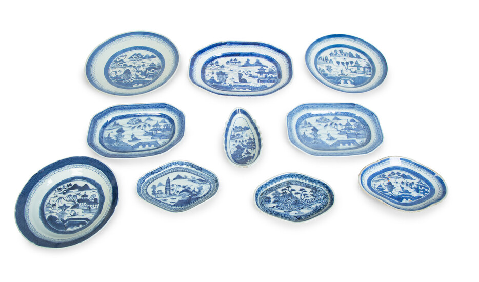 A Collection of Chinese Export Blue and White Canton Porcelain Plates and Serving Dishes