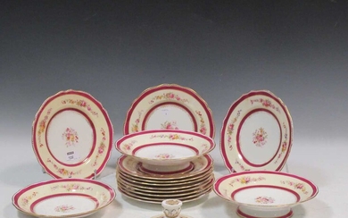 A Copeland dessert service with pink and gilt border decorated with flowers and foliage, to