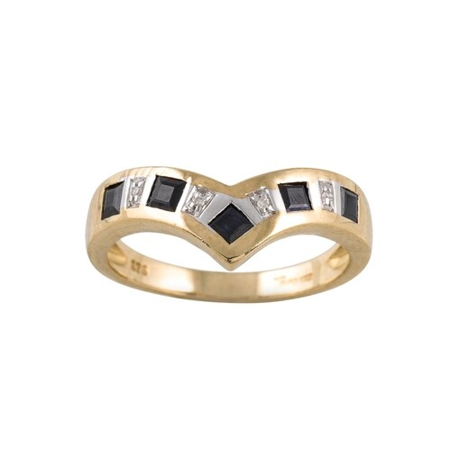 A DIAMOND AND SAPPHIRE HALF ETERNITY RING, wishbone shaped, ...