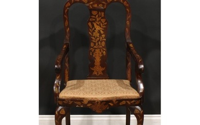 A Dutch marquetry elbow chair, inlaid throughout in the trad...