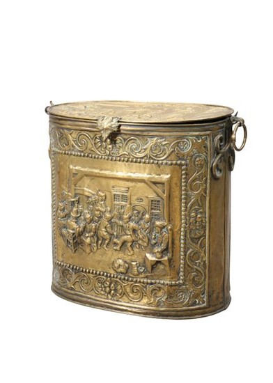 A FRENCH BRASS LOG BIN, EARLY 20TH CENTURY, oval s…