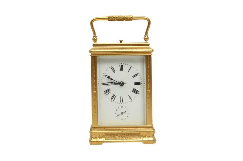 AMENDED DESCRIPTION: A FRENCH GILT BRASS REPEATING CARRIAGE CLOCK, LATE 19TH/EARLY 20TH CENTURY