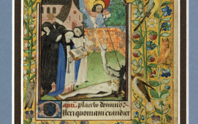 A FUNERAL SERVICE, WITH ST MICHAEL BATTLING THE DEVIL FOR A SOUL, miniature on a leaf from a Book of Hours, with 5 text leaves from the same manuscript, in Latin, illuminated manuscript on vellum [France, perhaps Châlons, c.1480].