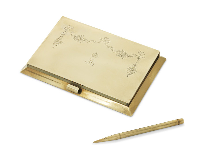 A GEORGE V 9 CARAT GOLD NOTEBOOK HOLDER AND PEN IN FITTED CASE, MARK OF JOHN COLLARD VICKERY, LONDON, 1928