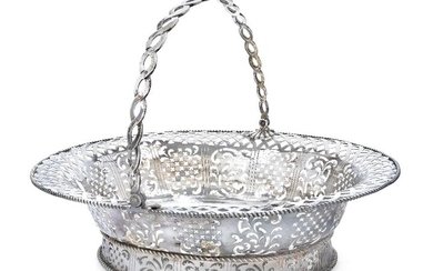 A George II silver swing-handled basket, London, 1754, Henry Morris, of oval form with pierced trellis and foliate scroll decoration to sides, the oval foot and rim designed with wirework borders, the base engraved with vacant cartouche within...