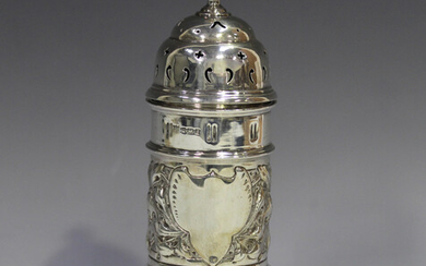 A George V silver cylindrical sugar caster with pierced domed cover and knop finial, the sides decor
