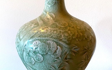 A Korean Crackle Glazed Celadon Meiping Vase with Bamboo & Sakura Motifs