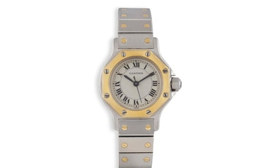 A LADY'S STAINLESS STEEL AND GOLD AUTOMATIC 'SANTOS' BRACELET WATCH,...
