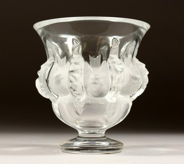 A LALIQUE GLASS VASE with a band of birds, engraved