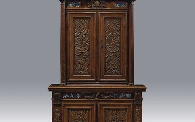 A LOUIS XIII WALNUT AND NOIR MAQUINA MARBLE-INSET ARMOIRE A DEUX CORPS, PARIS, CIRCA 1610-20