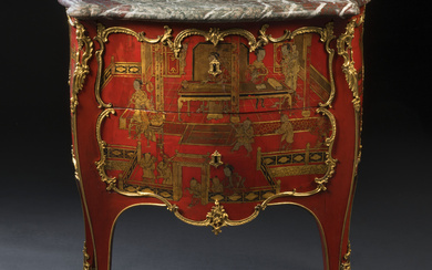 A LOUIS XV ORMOLU-MOUNTED RED AND GILT CHINESE LACQUER AND VERNIS MARTIN COMMODE BY ADRIEN FAIZELOT-DELORME, MID-18TH CENTURY
