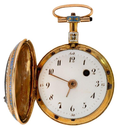A Lady's gold enamel and gem-set fob watch, the white enamel dial applied with Arabic numerals, approximate diameter 25mm, key wind gilt fusee verge escapement movement numbered 23820, the case decorated with foliate enamel decoration accented with...